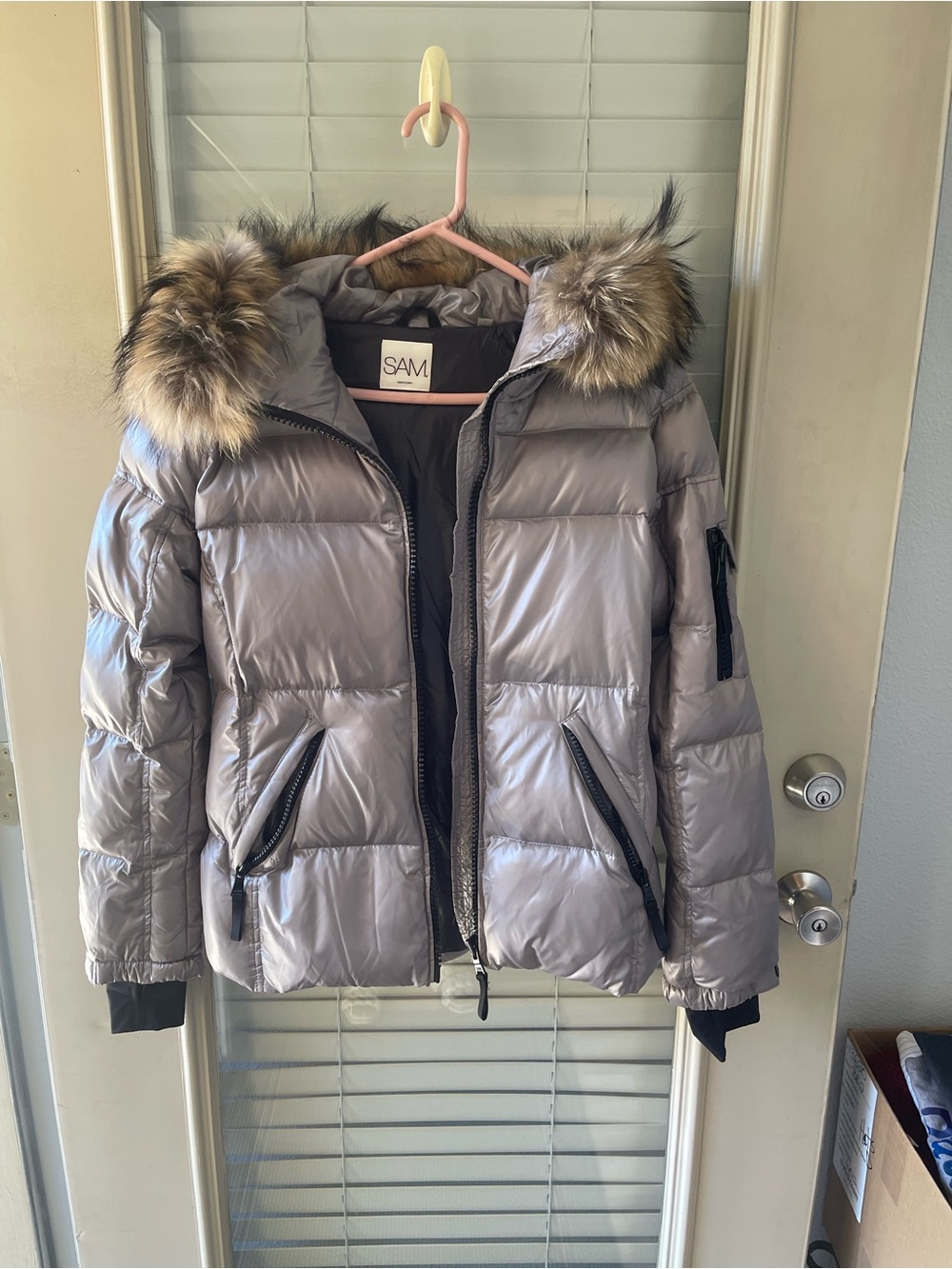 Sam New York grey raccoon fur trim puffer jacket size large